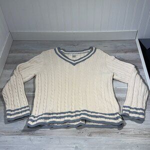 Women's Christopher Banks Cable Knit Cotton Sweater Size L Tennis‎ V-Neck Chunky